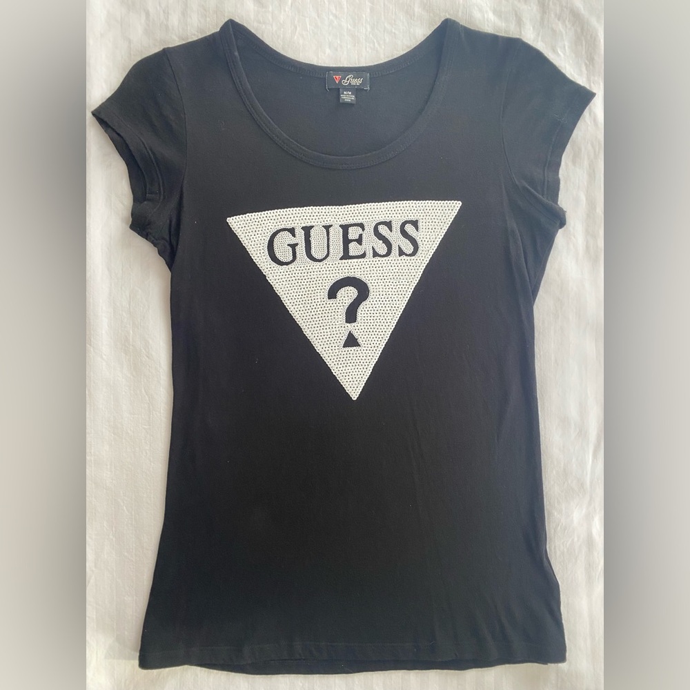 Guess Black Tee with White sequinned logo